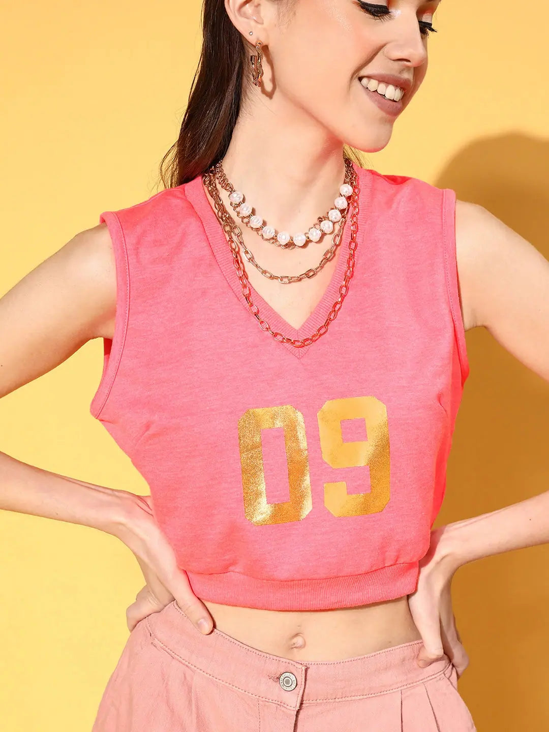 Neon Pink Crop Vest - Women's V Neck Activewear Top
