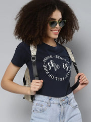 Navy SHE IS STRONG Print Round Neck T-Shirt