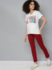 White BE KIND Print V-Neck T-Shirt