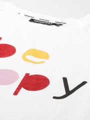 White BE HAPPY Print Puff Sleeve T-Shirt