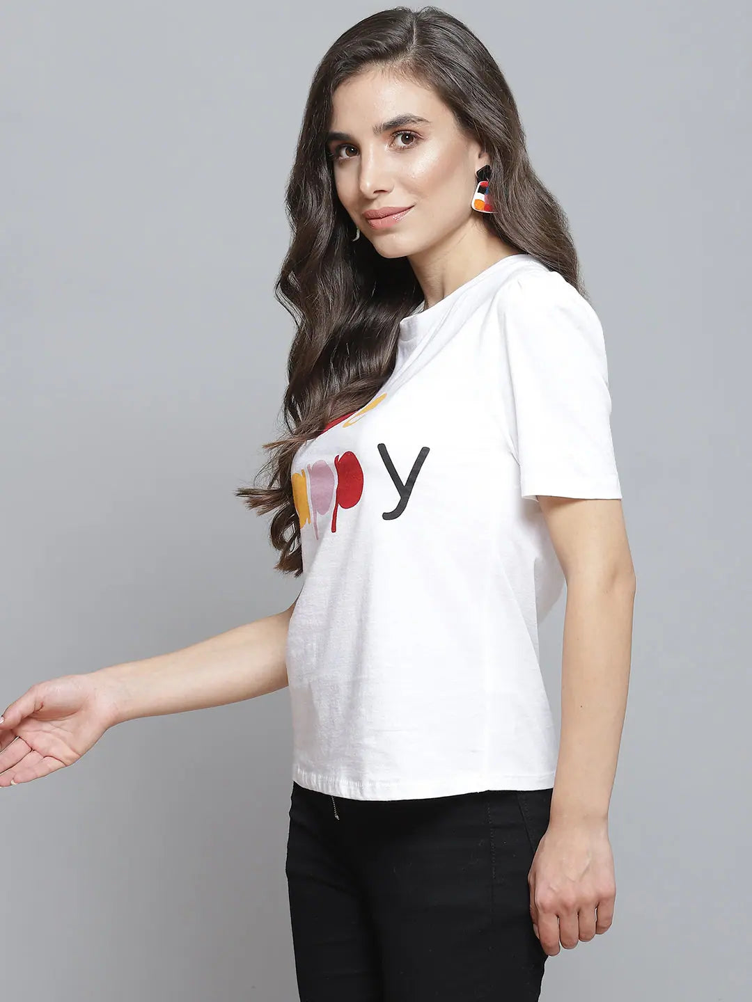 BE HAPPY Print Puff Sleeve T-Shirt | Women's Lehenga