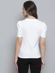 White BE HAPPY Print Puff Sleeve T-Shirt