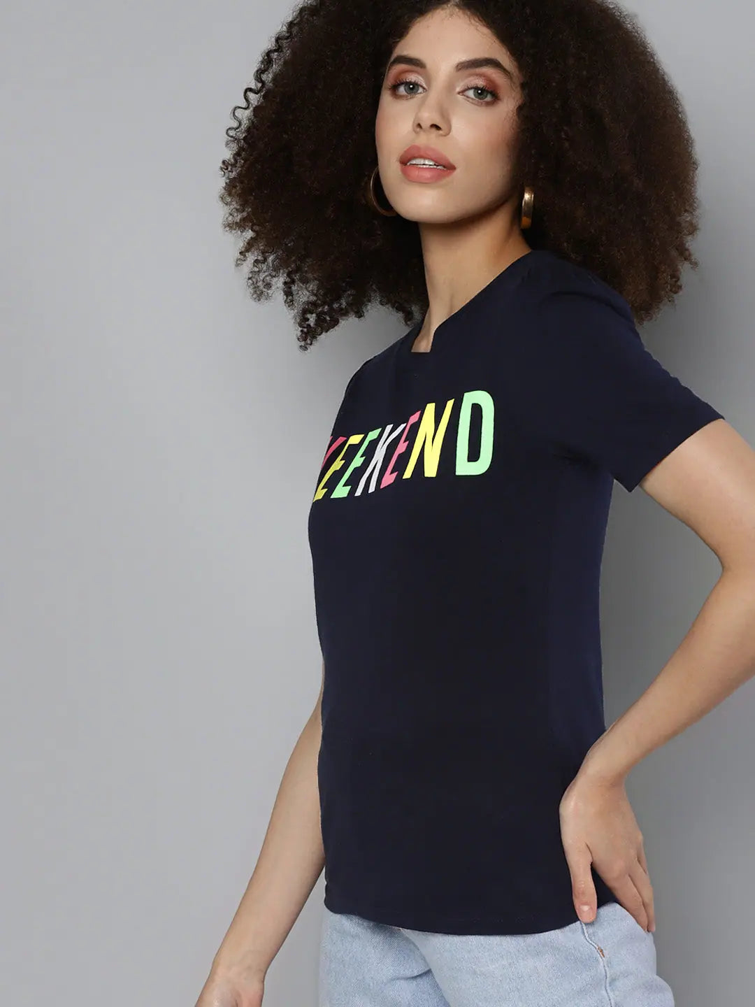 Navy Weekend Print Puff Sleeve T-Shirt | Women's Casual Top