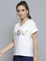 White FUNDAY Print V Neck T-Shirt