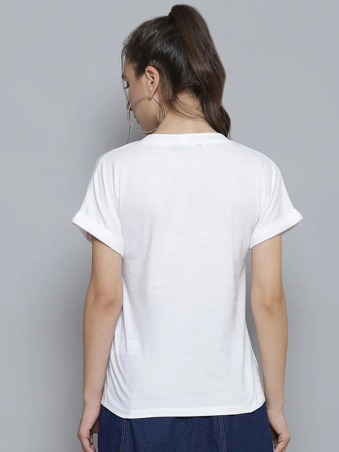 White FUNDAY Print V-Neck Cotton Tee | Comfort Fit