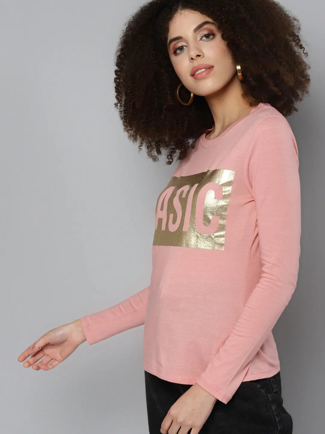Pink BASIC Print Full Sleeve Cotton T-Shirt | Comfort Fit
