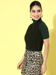 Womens Black Tweed V-Neck Crop Top