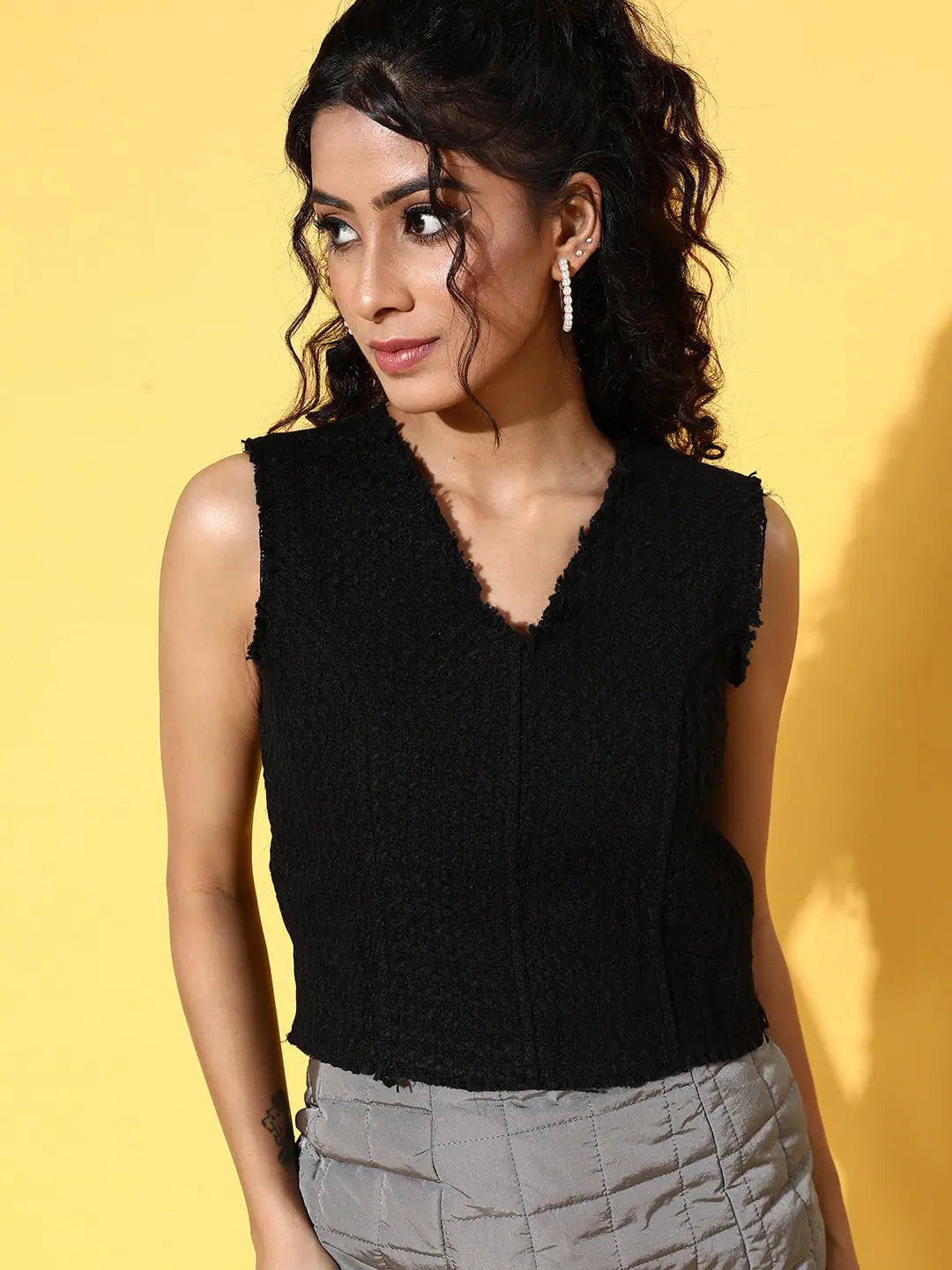 Black Tweed Crop Top - Women's Western Clothing