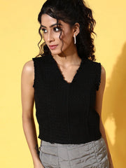 Women Black Tweed V-Neck Crop Top