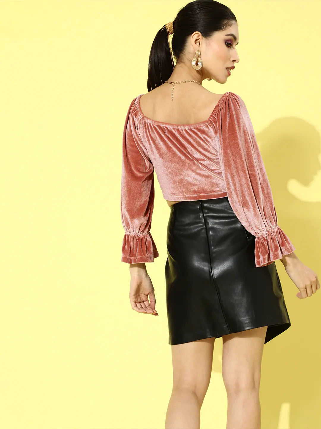Pink Velvet Crop Top - Cross Neck Velvet Top