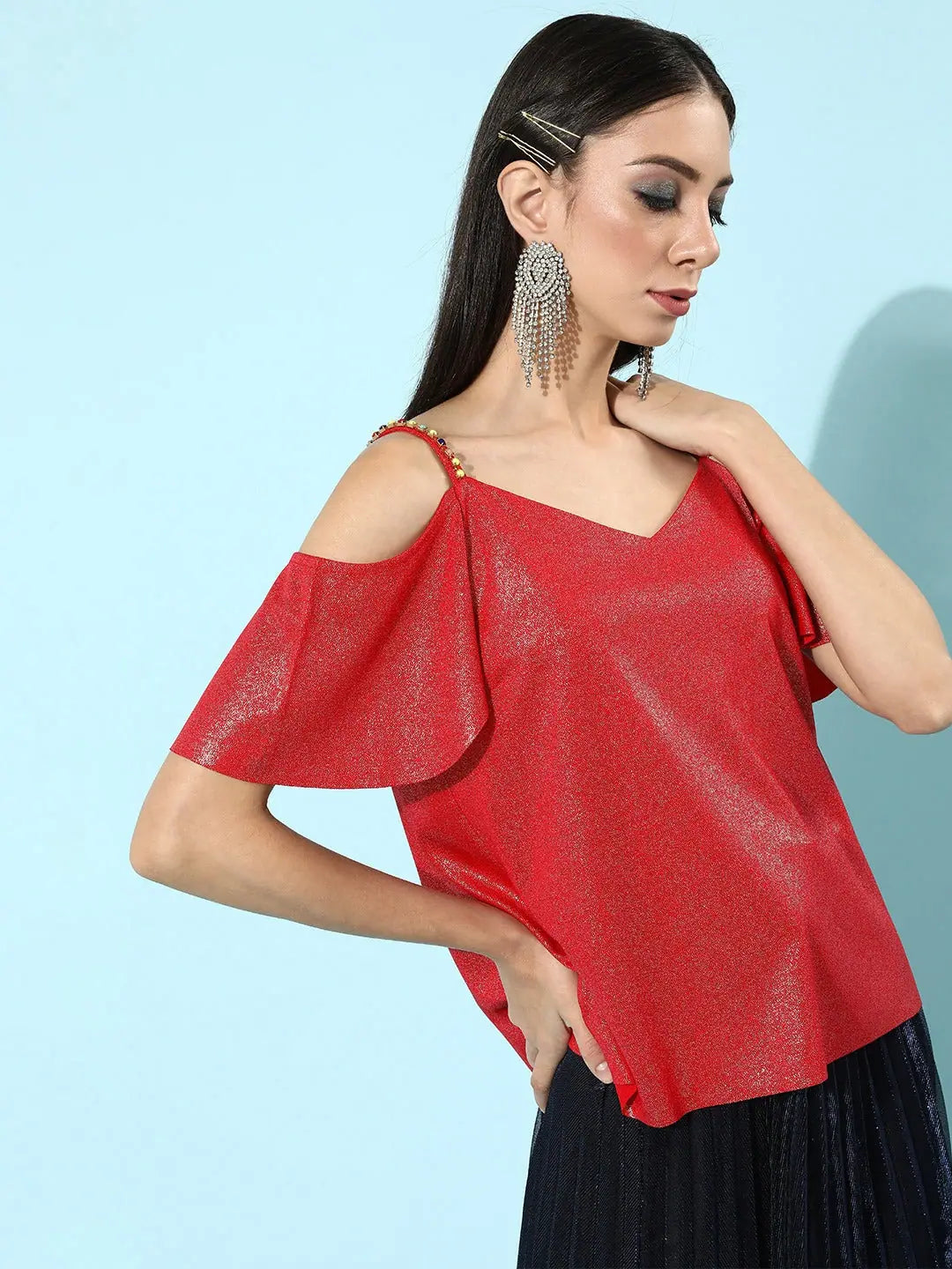 Red Metallic Cold Shoulder Top | Women's Western Wear Online