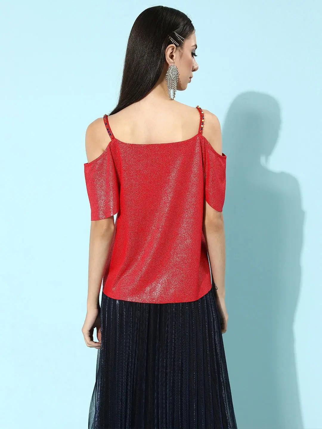 Red Metallic Cold Shoulder Top | Women's Western Wear Online