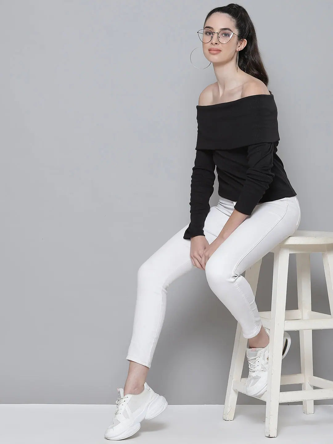 Black Rib Bardot Top | Off-Shoulder Women's Western Wear