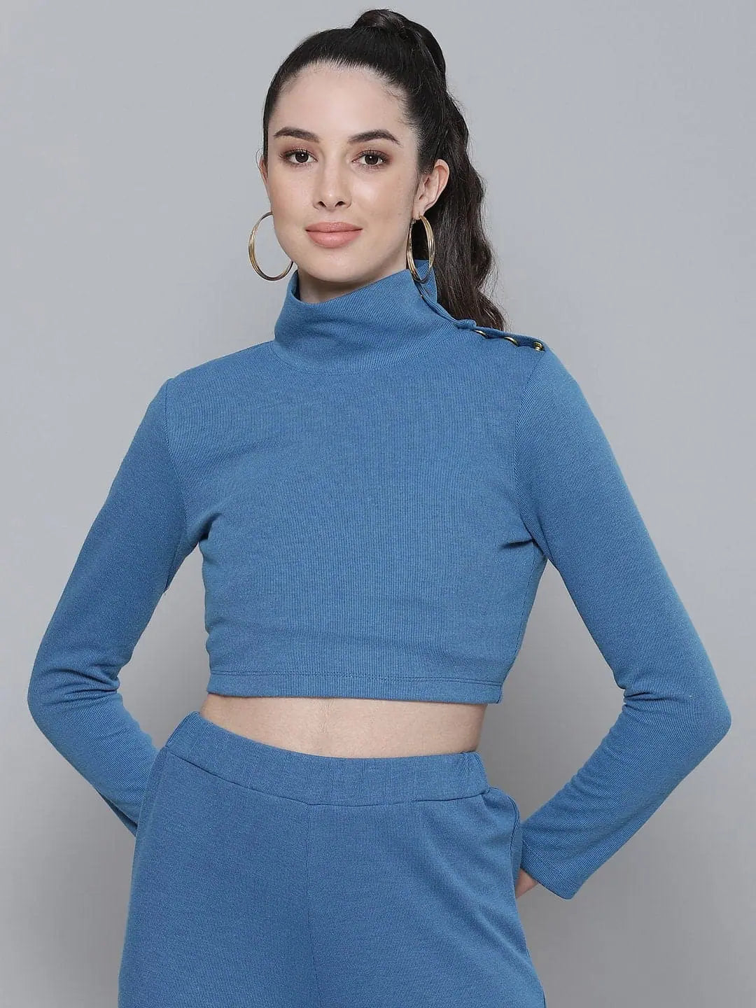 Blue Ribbed Buttoned Crop Top | Women's Western Clothing