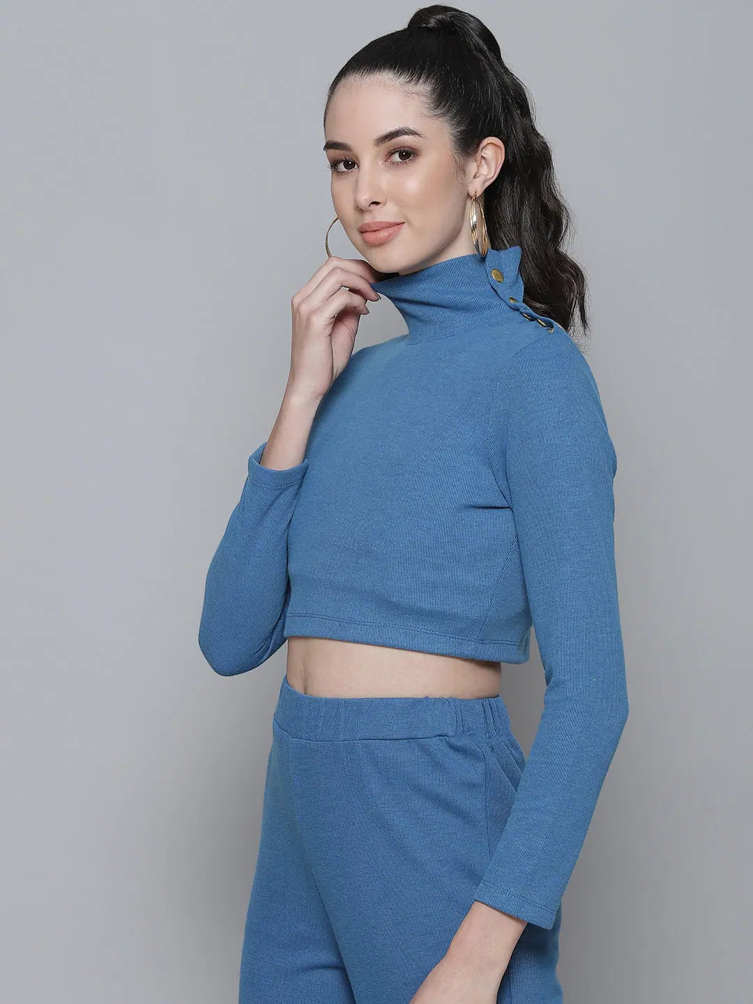 Blue Ribbed Buttoned Crop Top | Women's Western Clothing