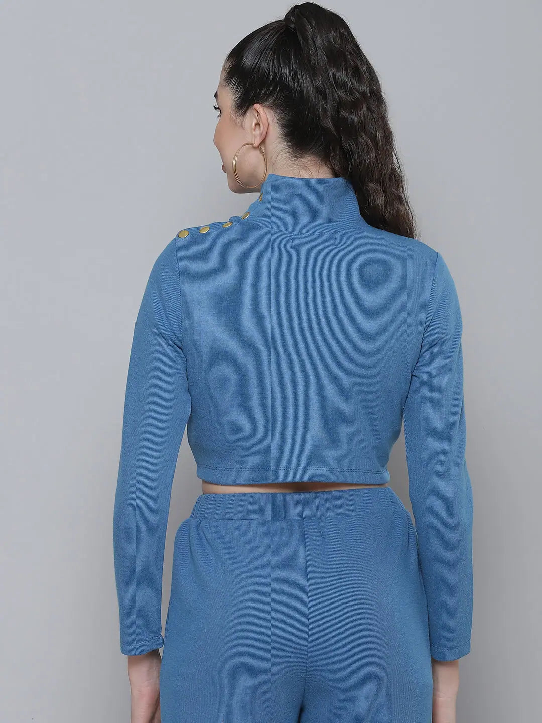 Blue Ribbed Buttoned Crop Top | Women's Western Clothing