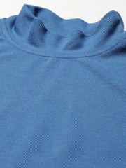 Blue Rib Side Slits Turtle Neck Long Top