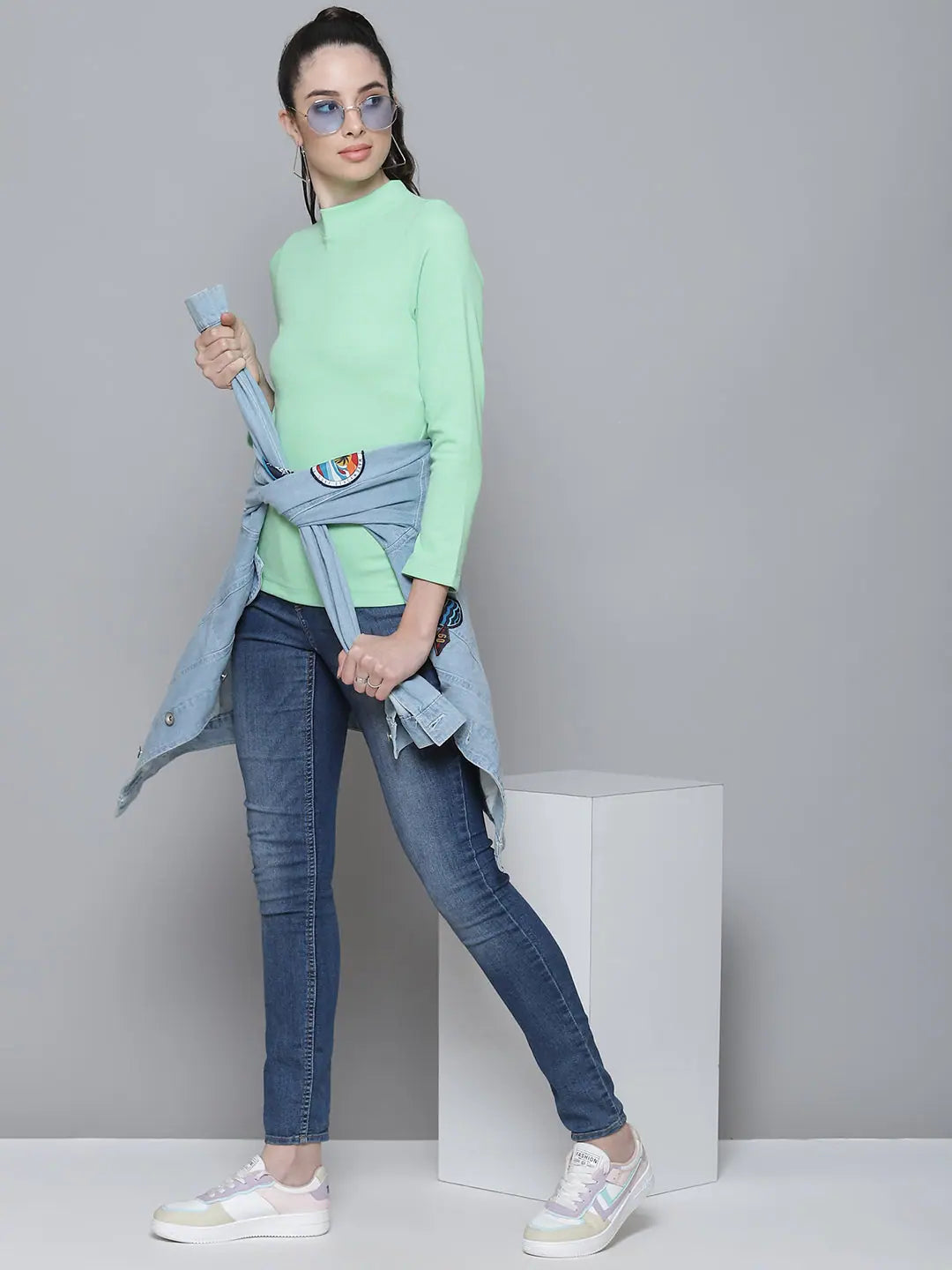 Mint Green Rib Full Sleeve Basic Top - Women's Western Wear