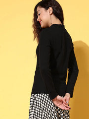 Women Black Rib Full Sleeve Basic Top