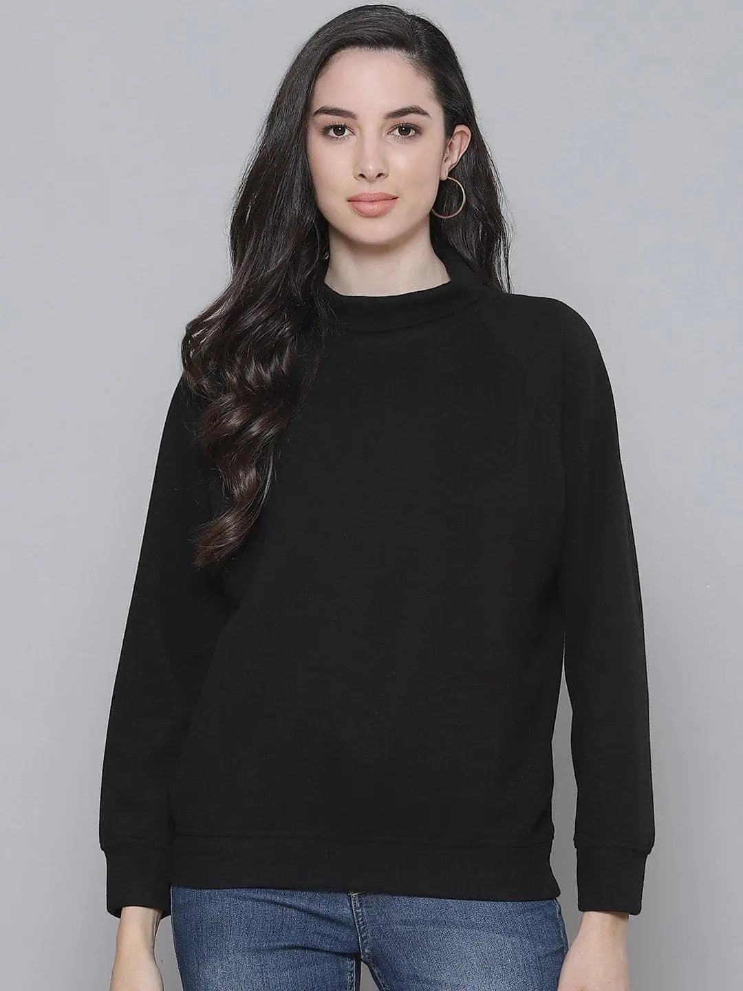 Black Rib Turtle Neck Raglan Sweat Top
