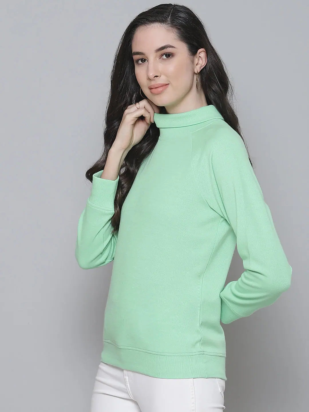 Mint Green Rib Turtle Neck Raglan Top - Western Outfits
