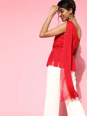 Red Mesh One Shoulder Peplum Top