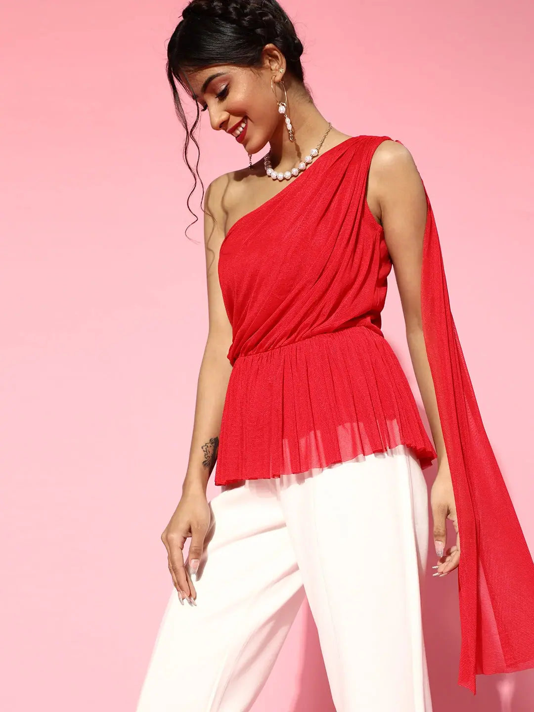 Red Mesh One Shoulder Top | Women's Western Wear Outfits