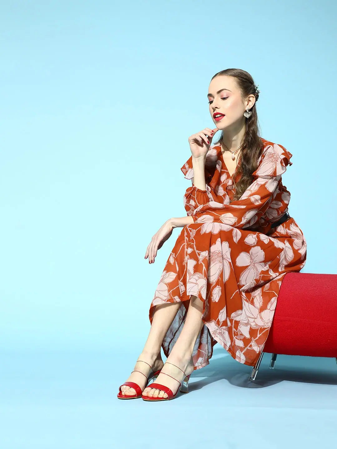 Brown Floral Frilly Wrap Top - Women's Western Outfits