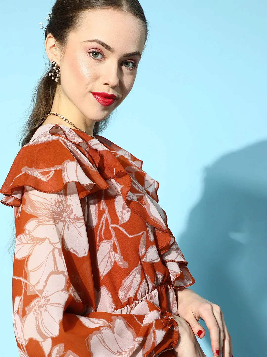 Brown Floral Frilly Wrap Top - Women's Western Outfits