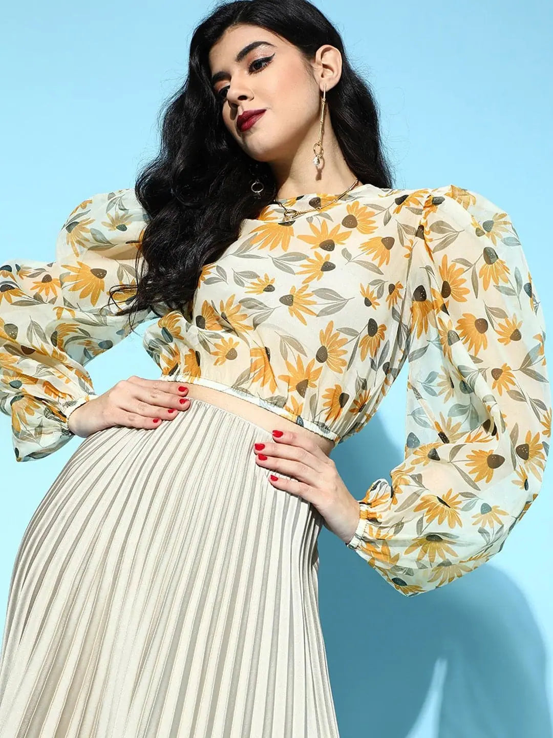 Yellow Floral Organza Crop Top - Women's Lehenga Style