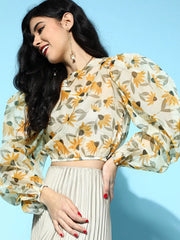 Yellow Floral Organza Flounce Sleeve Crop Top