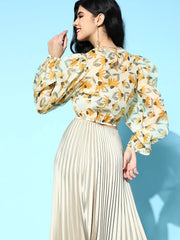 Yellow Floral Organza Flounce Sleeve Crop Top