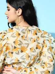 Yellow Floral Organza Flounce Sleeve Crop Top