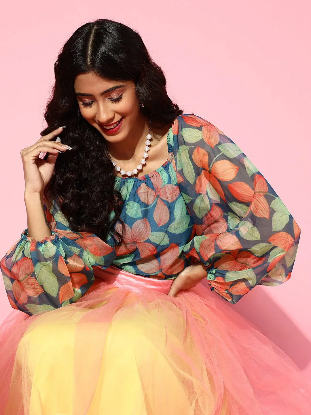 Blue Floral Organza Top - Flounce Sleeves, Ethnic Lehenga Style