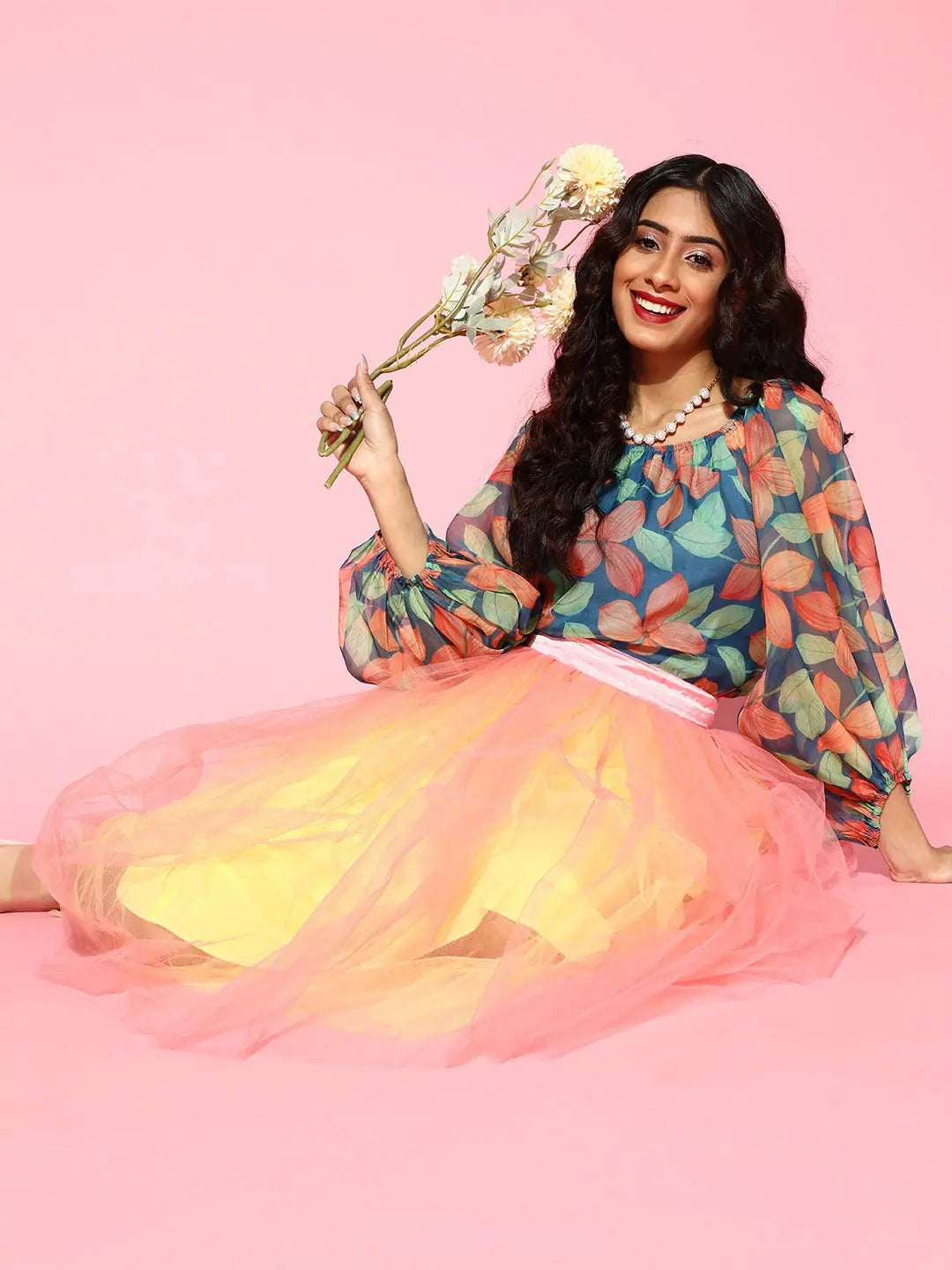 Blue Floral Organza Top - Flounce Sleeves, Ethnic Lehenga Style