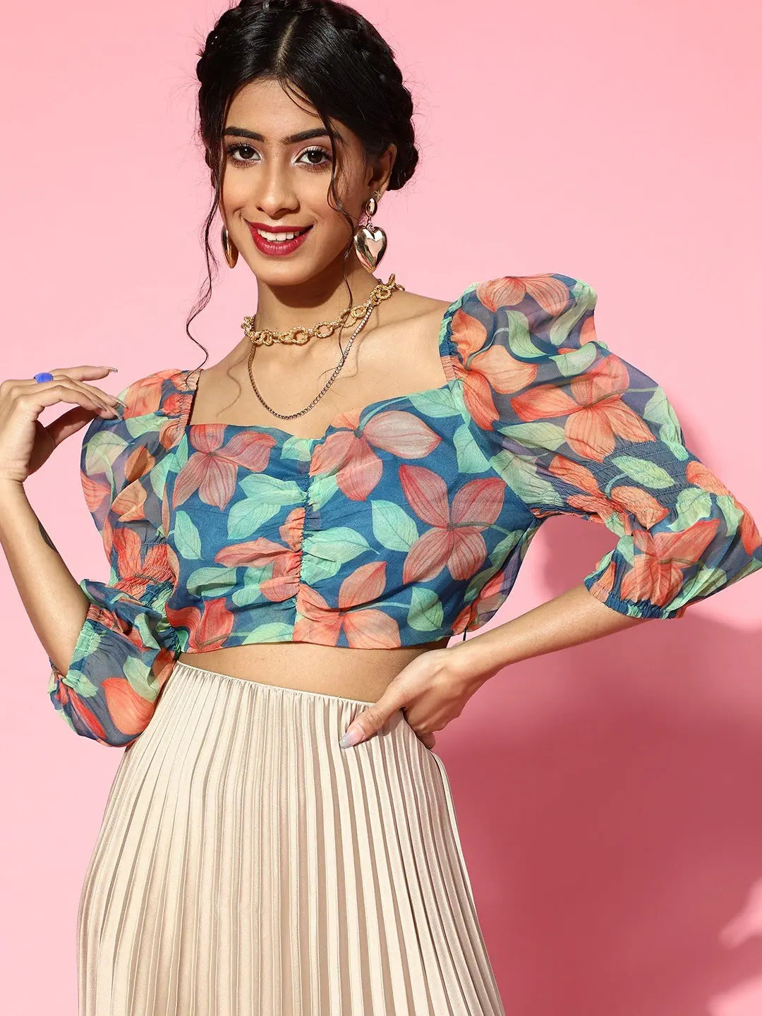 Blue Floral Ruched Crop Top | Women's Western Clothing