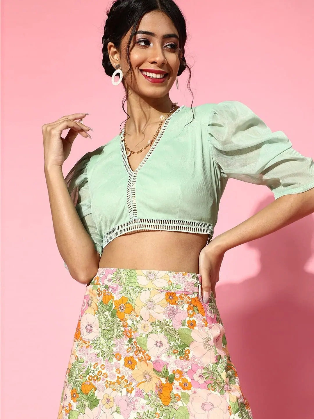 Sea Green Mesh Crop Top - Designer Lehenga & Ethnic Wear