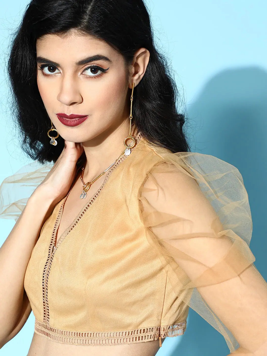Dark Beige Mesh Crop Top - V-Neck Lace Detail, Polyester