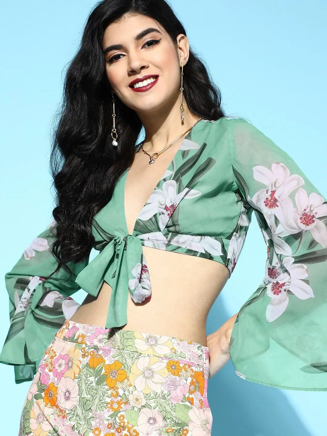 Green Floral Tie-Up Crop Top - Stylish Designer Lehenga Choli ...