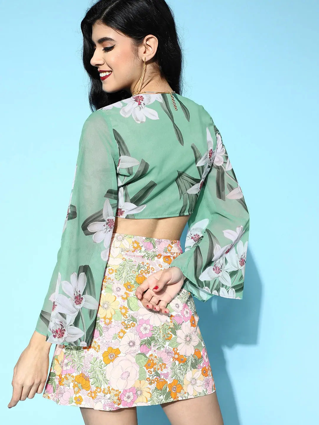 Green Floral Tie-Up Crop Top - Stylish Designer Lehenga Choli ...