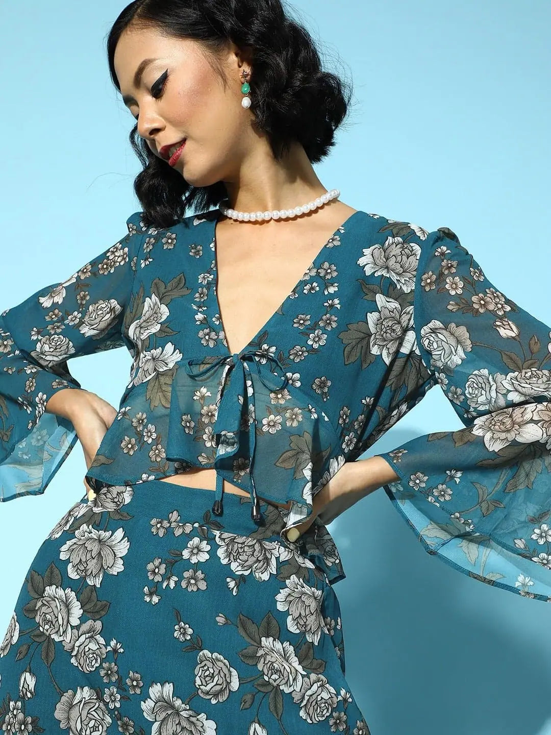 Teal Floral Peplum Top - Pair With Wedding Lehenga for Women