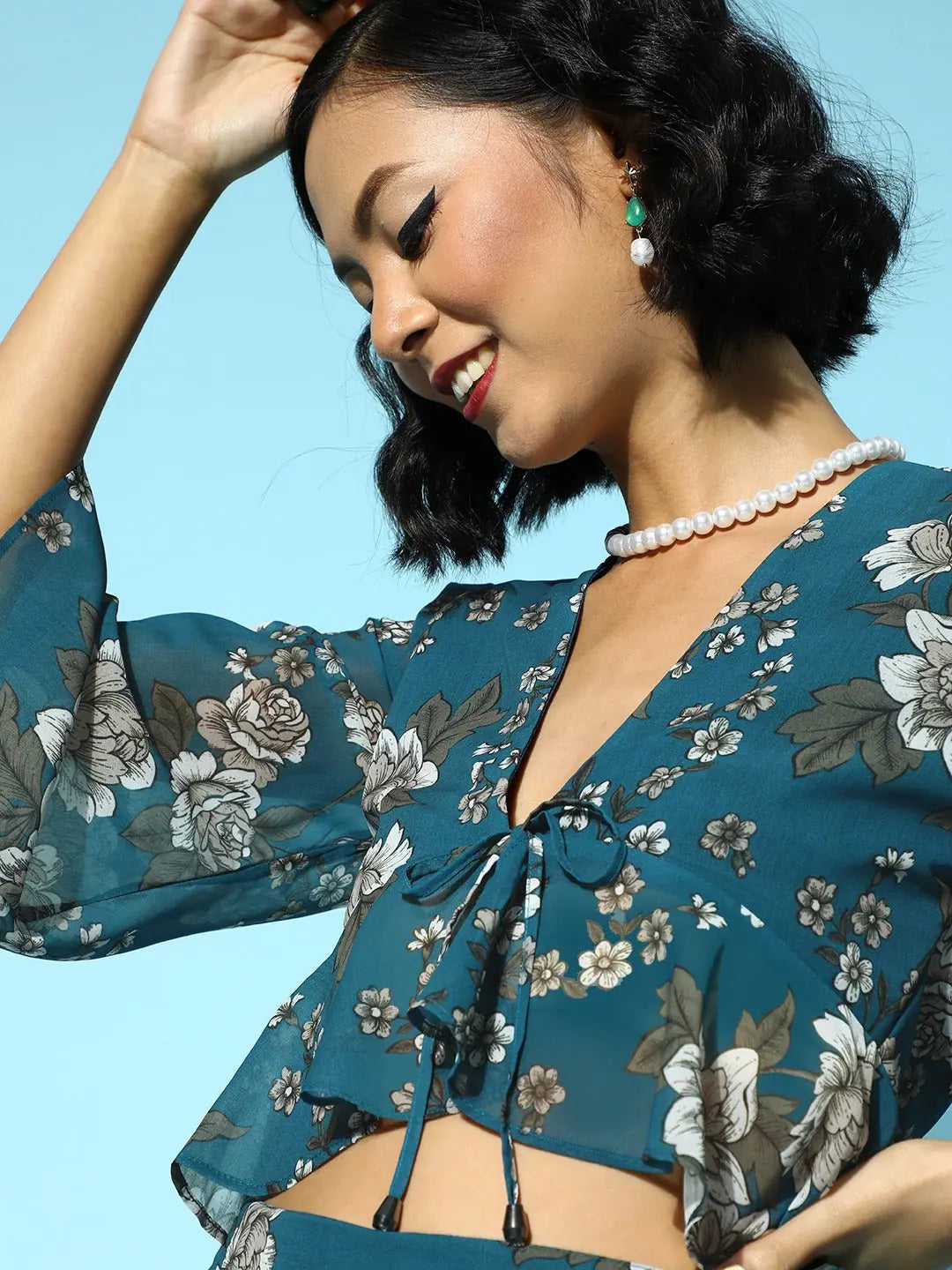 Teal Floral Peplum Top - Pair With Wedding Lehenga for Women