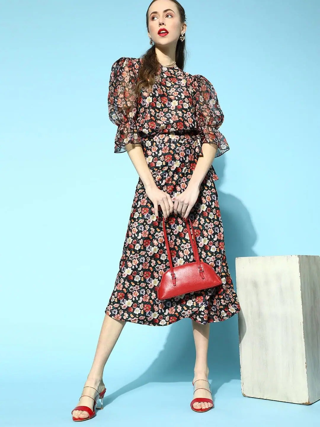Black Dusty Floral Sheer Organza Sleeve Top