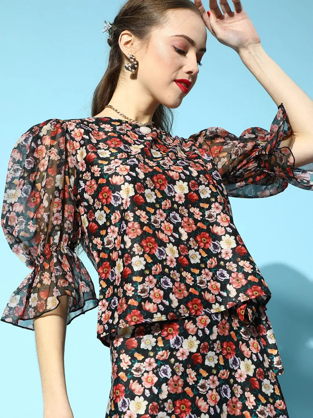 Black Floral Organza Sleeve Top | Women's Western Outfits