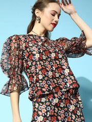 Black Dusty Floral Sheer Organza Sleeve Top