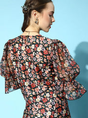 Black Dusty Floral Sheer Organza Sleeve Top