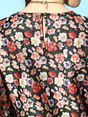 Black Dusty Floral Sheer Organza Sleeve Top