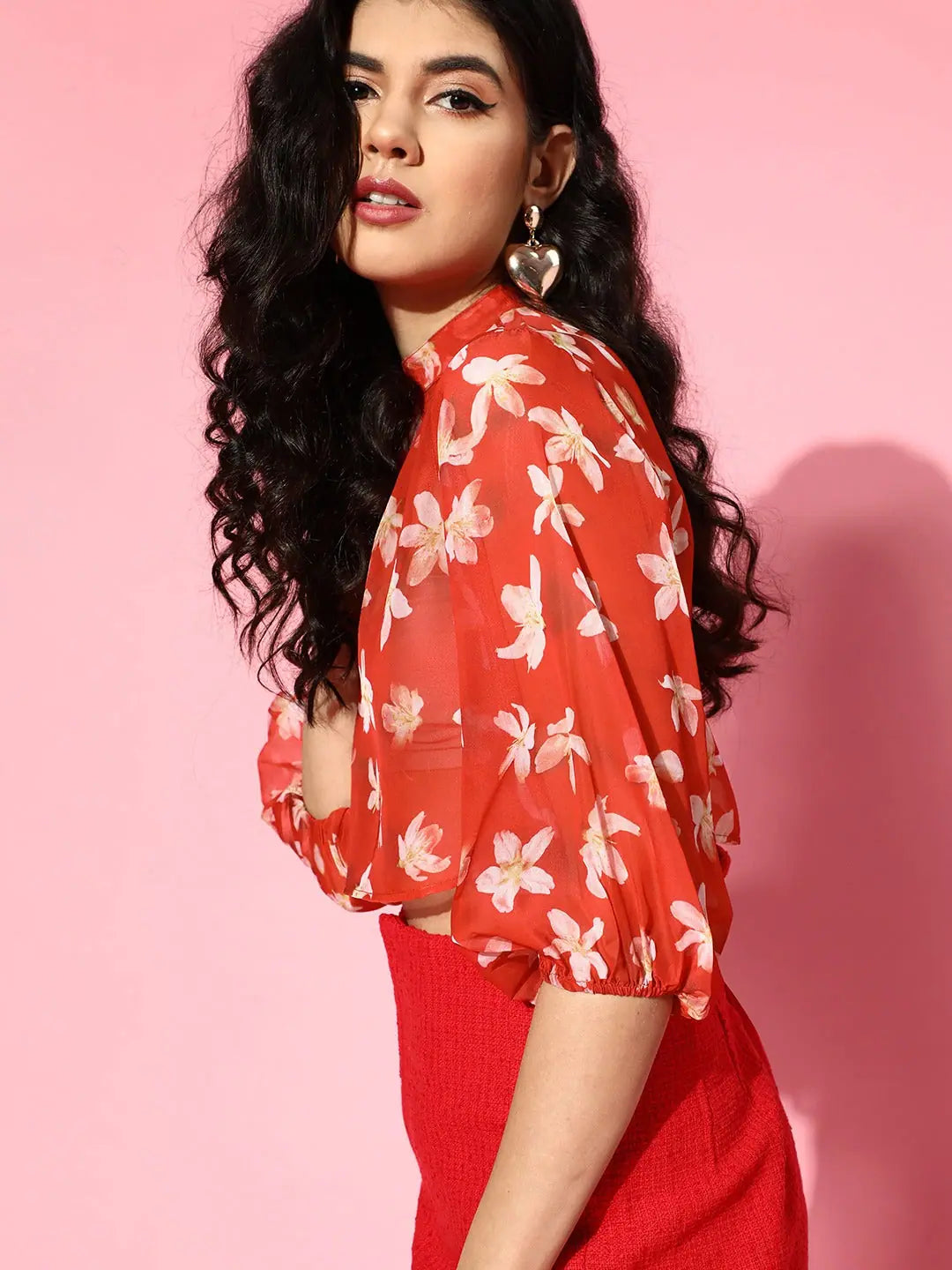 Red Floral Organza Top - Women's Western Wear