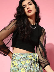 Black Mesh Full Sleeve Rib Crop Top