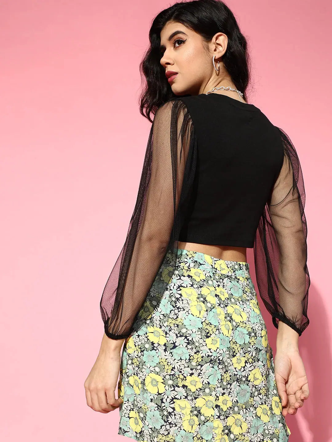 Black Mesh Sleeve Crop Top - Cotton Ribbed, Slim Fit
